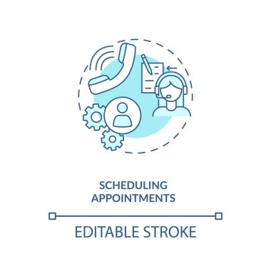 Randevular ayarlanıyor, turkuaz konsept simgesi. Organizasyon. Görev yönetimi. Sanal asistan fikri ince çizgi çizimi. Vektör izole edilmiş RGB renk çizimi. Düzenlenebilir vuruş