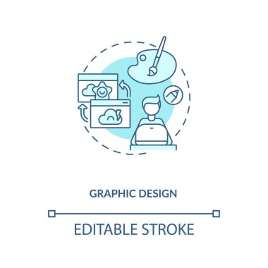 Grafik tasarım turkuaz konsept simgesi. Yaratıcı ajans için sanal asistan. Dijital sanatçı. Serbest meslek fikri ince çizgi çizimi. Vektör izole edilmiş RGB renk çizimi. Düzenlenebilir vuruş