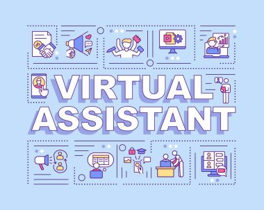 Sanal yardımcı kelime sancak kavramları. Bağımsız müteahhit. İdari hizmetler. Mavi arkaplanda doğrusal simgeleri olan bilgi grafikleri. İzole tipografi. Vektör çizgisi RGB renk çizimi