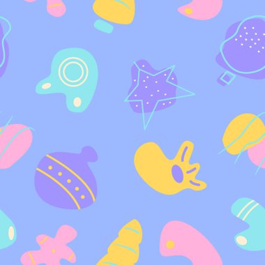 Kış tatili dekoru, soyut, pürüzsüz desen. Mutlu yıllar. Geometrik düz vektör şekilleri. Çizgi film renkli simgelerle kışın dokusu. Grafik elementli dekoratif boho tasarımı