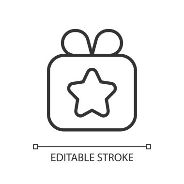 Hediye pikseli mükemmel doğrusal simge. İnternet uygulaması kullanılarak hediyeler gönderiliyor. Özel zaman etkinliği. İnce çizgi özelleştirilebilir illüstrasyon. Contour sembolü. Vektör izole çizim. Düzenlenebilir vuruş