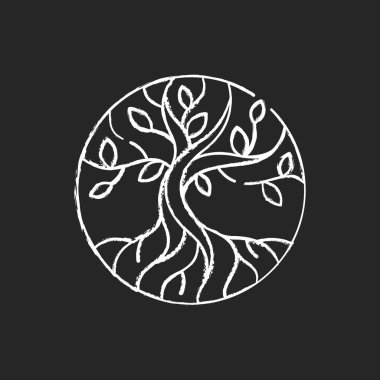 Yaşam ağacı siyah arkaplanda beyaz tebeşir simgesi. Tevrat için metafor. Dünya ve cennet bağlantısı. İbrani yaratılış efsanesi. Cennet Bahçesi. Kutsal ağaç. İzole edilmiş vektör karatahta çizimi