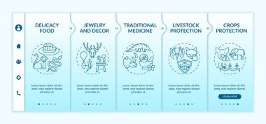 Egzotik hayvan istismarı vektör şablonunda. Lezzetli yemek. Mücevher ve dekor. Geleneksel tıp. Simgeli ilgili mobil web sitesi. Web sayfası basamak ekranları. RGB renk kavramı