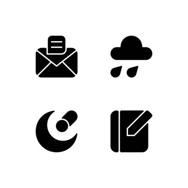 Mobil arayüz siyah kabartma simgeleri beyaz uzaya ayarlandı. Mesaj var. Hava tahmini. Gece modu. Not defteri. Mesaj ve sohbet uygulaması. Siluet sembolleri. Vektör izole illüstrasyonu