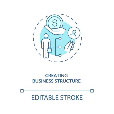 İş yapısı turkuaz konsept simgesi oluşturuluyor. Şirket geliştirme. Başlangıç yönetimi. Çalışma stratejisi ince çizgi çizimi. Vektör izole edilmiş RGB renk çizimi. Düzenlenebilir vuruş