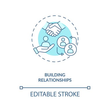 İlişkiler kurma turkuvaz konsept simgesi. İş anlaşması için el sıkışalım. İş birliği. İş ağı fikri ince çizgi çizimi. Vektör izole edilmiş RGB renk çizimi. Düzenlenebilir vuruş