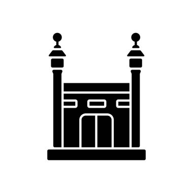 Hac siyah kabartma simgesi. Mekke 'ye yıllık İslami hac yolculuğu. Müslümanlar için zorunlu dini görev. Dayanışmanın dini göstergesi. Beyaz uzayda siluet sembolü. Vektör izole illüstrasyonu