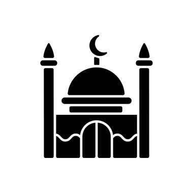 Cami simgesi simgesi. Müslümanlar için ibadet yeri. Namaz kılmaya çağırılan mescitler ve minareler de var. Beyaz uzayda siluet sembolü. Vektör izole illüstrasyonu