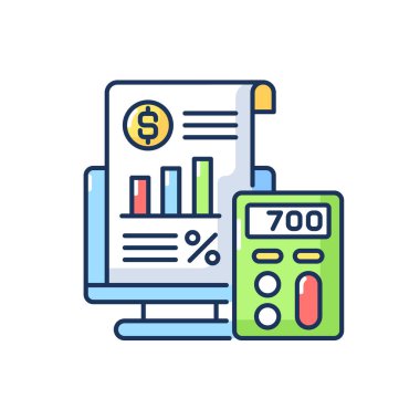 Muhasebe ve denetim RGB renk simgesi. Ekonomi yönetimi, bütçe değerlendirmesi. Profesyonel muhasebecilik, finansal danışmanlık. İzole vektör illüstrasyonu