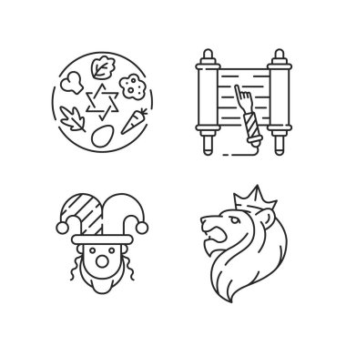 Yahudi dini sembolleri doğrusal simgeler oluşturuldu. Hamursuz Bayramı yemeği tabağı. Tevrat parşömeni. Purim etkinliği. Yahuda Aslanı. Özelleştirilebilir ince çizgi şekilleri. İzole vektör çizimi çizimleri. Düzenlenebilir vuruş