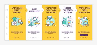 İş yeri güvenlik hakları vektör şablonunda. İşe başlamadan önce işyeri güvenliği eğitimi. Simgeli ilgili mobil web sitesi. Web sayfası basamak ekranları. RGB renk kavramı