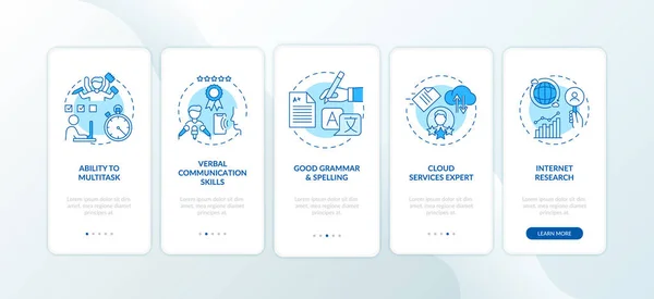 仮想アシスタントスキル概念を搭載したブルーオンボーディングモバイルアプリページ画面 マルチタスク従業員は5ステップのグラフィック指示を歩きます Rgbカラーイラスト付きUiベクトルテンプレート — ストックベクタ