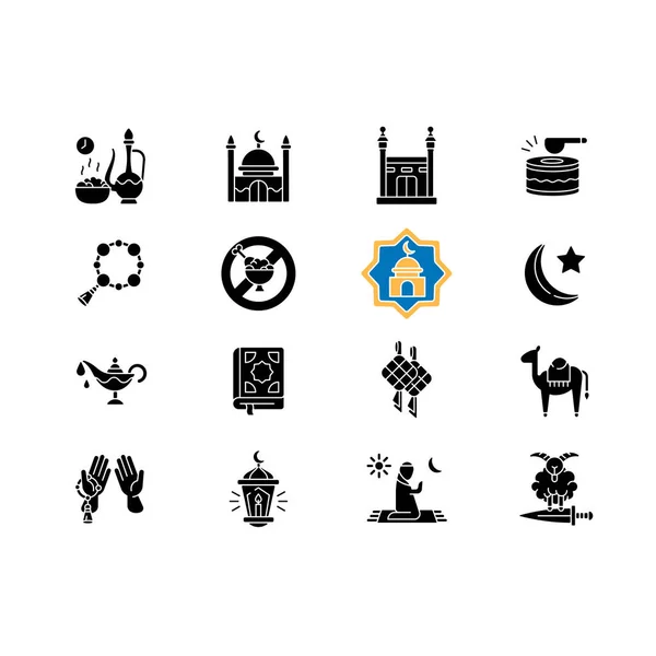 Muslim Holidays Black Glyph Icons Set White Space Traditional Religious — Stock Vector