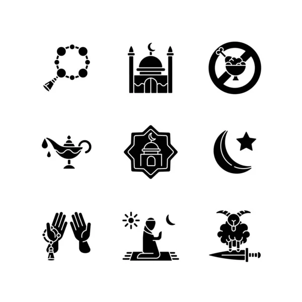 Muslim Religious Traditions Black Glyph Icons Set White Space Islam — Stock Vector