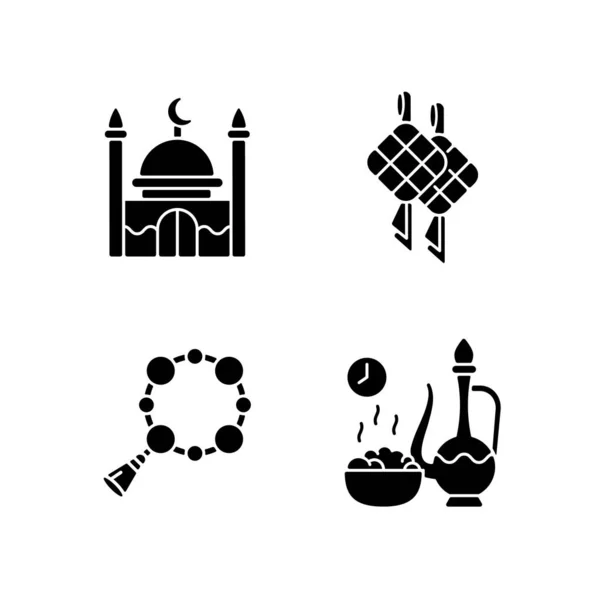 Traditional Religious Muslim Items Black Glyph Icons Set White Space — Stock Vector