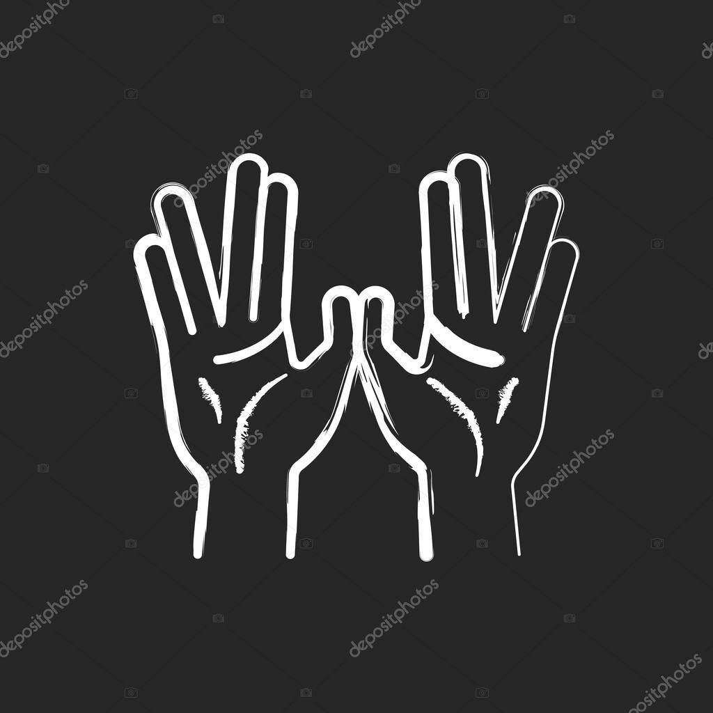 Priestly blessing hands chalk white icon on black background. Two handed symbol. Priestly benediction. Jewish tradition. Synagogue ritual. Cohanim hands. Isolated vector chalkboard illustration