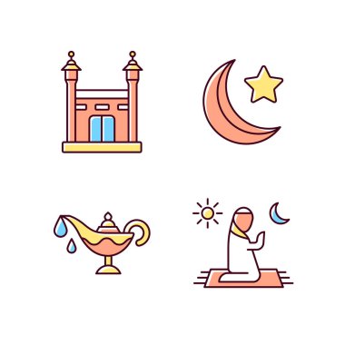 Geleneksel dini Müslüman ritüelleri RGB renk simgeleri belirlendi. Her gün Tanrı 'yla konuşuyorum. Ateş yakmak için yağlı lamba. İzole vektör çizimleri
