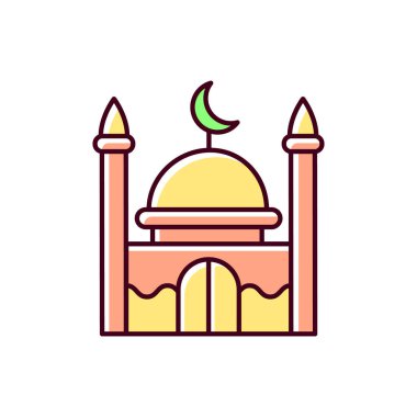 Cami RGB renk simgesi. Müslümanlar için ibadet yeri. Namaz kılmaya çağırılan mescitler ve minareler de var. İzole vektör illüstrasyonu