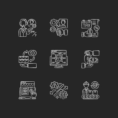 İş yönetimi simgeleri siyah arka planda beyaz tebeşirler. - Girişimcilik. Müşteri hizmetleri, üretim imalatı, mali yönetim ve denetim. İzole edilmiş vektör karatahta çizimleri