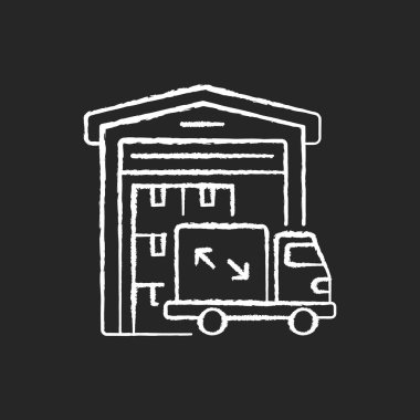 Depo tesisleri siyah arka planda beyaz simge çiziyor. Nakliye işi, ticari nakliye hizmetleri. Kargo deposu ve teslimat minibüsü. İzole edilmiş vektör karatahta çizimi