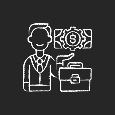 İş adamı siyah arka planda beyaz tebeşir simgesi. Başarılı bir girişimci, şirket çalışanı. Banka müdürü, profesyonel finansör, iş yatırımcısı. İzole edilmiş vektör karatahta çizimi