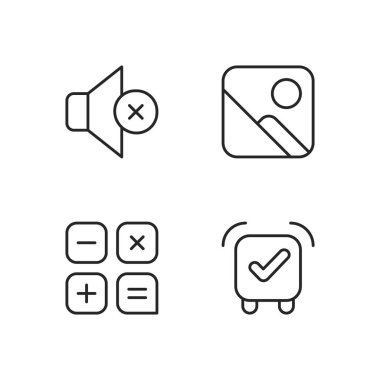 Akıllı telefon arayüzü pikseli mükemmel doğrusal simgeler ayarlandı. Sessiz mod ayarı. Fotoğraf galerisi. Hesap makinesi. Özelleştirilebilir ince çizgi şekilleri. İzole vektör çizimi çizimleri. Düzenlenebilir vuruş