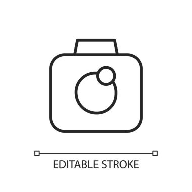 Kamera uygulaması pikseli mükemmel doğrusal simge. Fotoğraf çekiyordum. Video kayıt özellikleri. Selfie kamerası. İnce çizgi özelleştirilebilir illüstrasyon. Contour sembolü. Vektör izole çizim. Düzenlenebilir vuruş