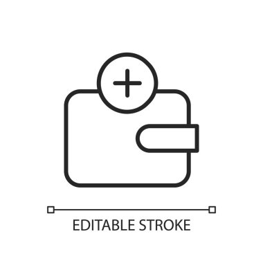 Cüzdan uygulaması pikseli mükemmel doğrusal simge. Para harcamaları takip ediliyor. Cep telefonu cüzdanı geçiyor. İnce çizgi özelleştirilebilir illüstrasyon. Contour sembolü. Vektör izole çizim. Düzenlenebilir vuruş