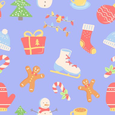 Noel tatili, soyut, kusursuz desen. Geometrik düz vektör şekilleri. Mevsimlik selamlaşma. Çizgi film renkli simgelerle kışın dokusu. Grafik elementli dekoratif boho tasarımı