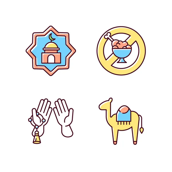 Traditionelle Muslimische Symbole Rgb Farbsymbole Gesetzt Starkes Wüstenkamel Betende Hände — Stockvektor