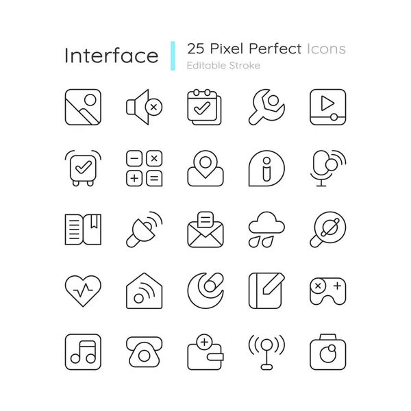 Interfejs Pikselowy Idealny Zestaw Ikon Liniowych Aplikacja Smartfony Tablety Menu — Wektor stockowy