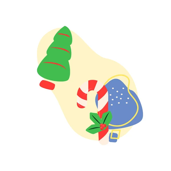 Frohe Weihnachten Flache Vektorkonzeptillustration Mit Abstrakten Formen Weihnachtsbaum Gestreifter Lutscher — Stockvektor