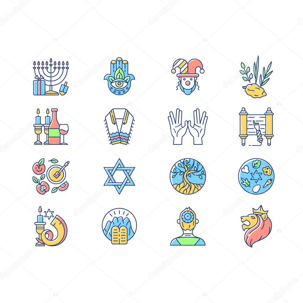 Jewish holidays RGB color icons set. Holy symbolism. Purim, hanukkah, shavuot, shabbat. Hebrew Bible. High Holy Days. Prayers and religious ceremonies. Isolated vector illustrations