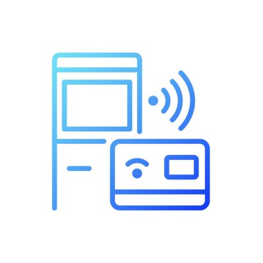 Kendini kontrol et kiosk gradyan doğrusal vektör simgesi. ATM standı. Akıllı terminal servisi. Nesnelerin İnterneti. İnce çizgi renk sembolü. Modern tarz pictogram. Vektör izole çizimi