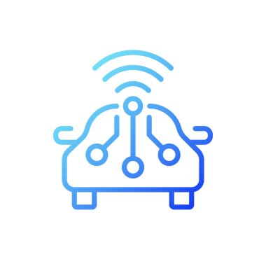 Akıllı araba gradyan doğrusal vektör simgesi. Otomobil kontrolüne uzaktan erişim. Nesnelerin İnterneti. Akıllı alet. İnce çizgi renk sembolü. Modern tarz pictogram. Vektör izole çizimi