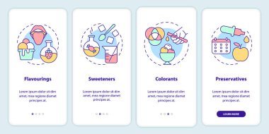 Gıda katkı maddeleri mobil uygulama ekranında. Sentetik ve doğal gezinme 4 adım grafik talimatları sayfaları doğrusal kavramlarla. UI, UX, GUI şablonu. Kullanılan sayısız Pro-Kalın, Düzenli yazı tipleri