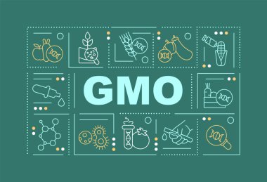 GDO kelimesi koyu yeşil sancak içerir. Genetik olarak modifiye edilmiş organizma. Renk arkaplanında simgeleri olan bilgi grafikleri. İzole tipografi. Metinli vektör illüstrasyonu. Kullanılan Arial-Black yazı tipi