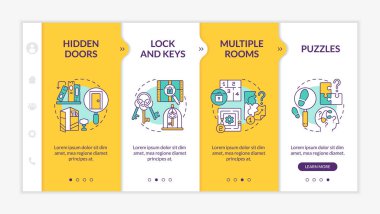 Kaçış odası şablonu sarı renkte. Antik anahtarlar ve bulmacalar. Doğrusal konsept simgeleriyle cevap veren mobil web sitesi. Web sayfasında 4 basamaklı ekranlar. Kullanılan Lato Kalın, Düzenli yazı tipleri