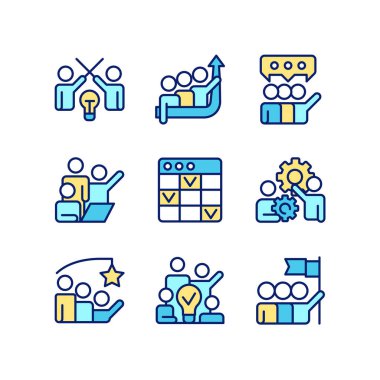 İşbirliği pikseli mükemmel RGB renk simgeleri seti. İşlemlerde işbirliği için ortaklık. Çatışma yönetimi. İzole vektör çizimleri. Basit çizgi çizimleri koleksiyonu. Düzenlenebilir vuruş