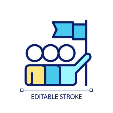 Takım pikseli mükemmel RGB renk simgesi. Takım çalışması ve başarılı başarı. Grup için ortak hedef. İzole vektör çizimi. Basit bir çizgi çizimi. Düzenlenebilir felç. Kullanılan Arial yazı tipi