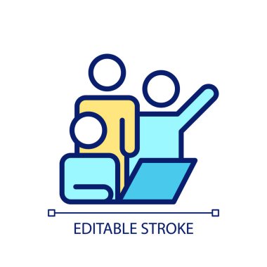 Takım buluşması pikseli mükemmel RGB renk simgesi. Birlikte beyin fırtınası yapıyoruz. Grup projesi. Üretken ortaklık. İzole vektör çizimi. Basit bir çizgi çizimi. Düzenlenebilir felç. Kullanılan Arial yazı tipi