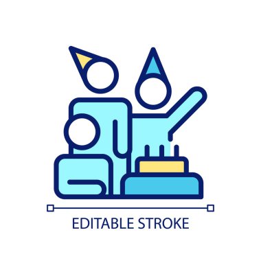 Piksel olarak mükemmel RGB renk simgesini kutlama zamanı. İşçi takımıyla parti. Mutlu ve eğlenceli yıldönümleri. İzole vektör çizimi. Basit bir çizgi çizimi. Düzenlenebilir felç. Kullanılan Arial yazı tipi