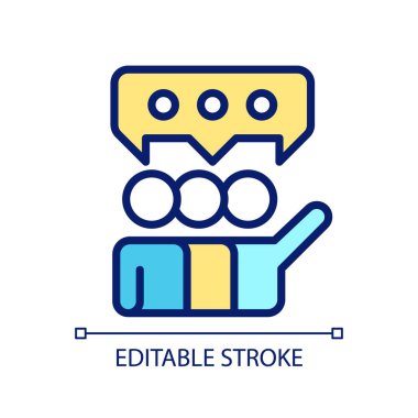 Grup pikseli mükemmel RGB renk simgesi. Takım olarak işbirliği. Proje için takım çalışması ve tartışma. İzole vektör çizimi. Basit bir çizgi çizimi. Düzenlenebilir felç. Kullanılan Arial yazı tipi