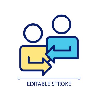 Karşılıklı geri besleme pikseli mükemmel RGB renk simgesi. İş arkadaşlarıyla iş projesinde fikir paylaşımı. İzole vektör çizimi. Basit bir çizgi çizimi. Düzenlenebilir felç. Kullanılan Arial yazı tipi