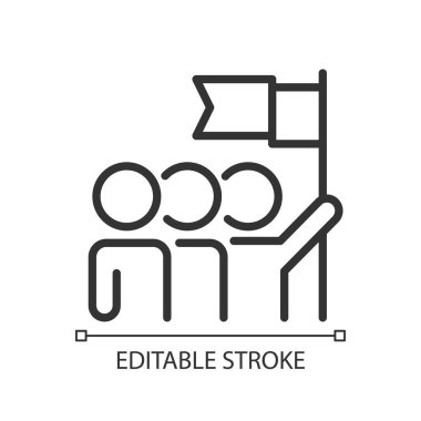 Takım pikseli mükemmel doğrusal simge. Takım çalışması ve başarılı başarı. Grup için ortak hedef. İnce çizgili çizim. Contour sembolü. Vektör çizimi. Düzenlenebilir felç. Kullanılan Arial yazı tipi