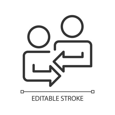 Karşılıklı geribildirim pikseli mükemmel doğrusal simge. İş arkadaşlarıyla iş projesinde fikir paylaşımı. İnce çizgili çizim. Contour sembolü. Vektör çizimi. Düzenlenebilir felç. Kullanılan Arial yazı tipi