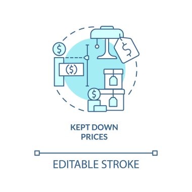 Fiyatları düşük tutardı turkuaz konsept ikonu. Fiyat indirimi. Piyasa ekonomisi soyut fikirlerin ince çizgi çizimlerini destekliyor. İzole bir taslak çizim. Düzenlenebilir felç. Arial, Myriad Pro-Kalın yazı tipleri