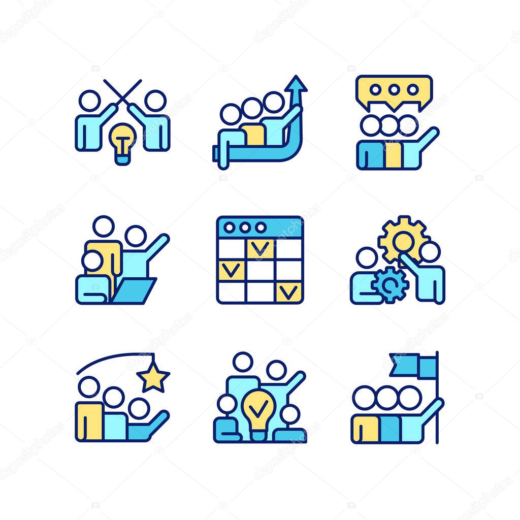 Collaboration pixel perfect RGB color icons set. Partnership for cooperating on process. Conflict management. Isolated vector illustrations. Simple filled line drawings collection. Editable stroke