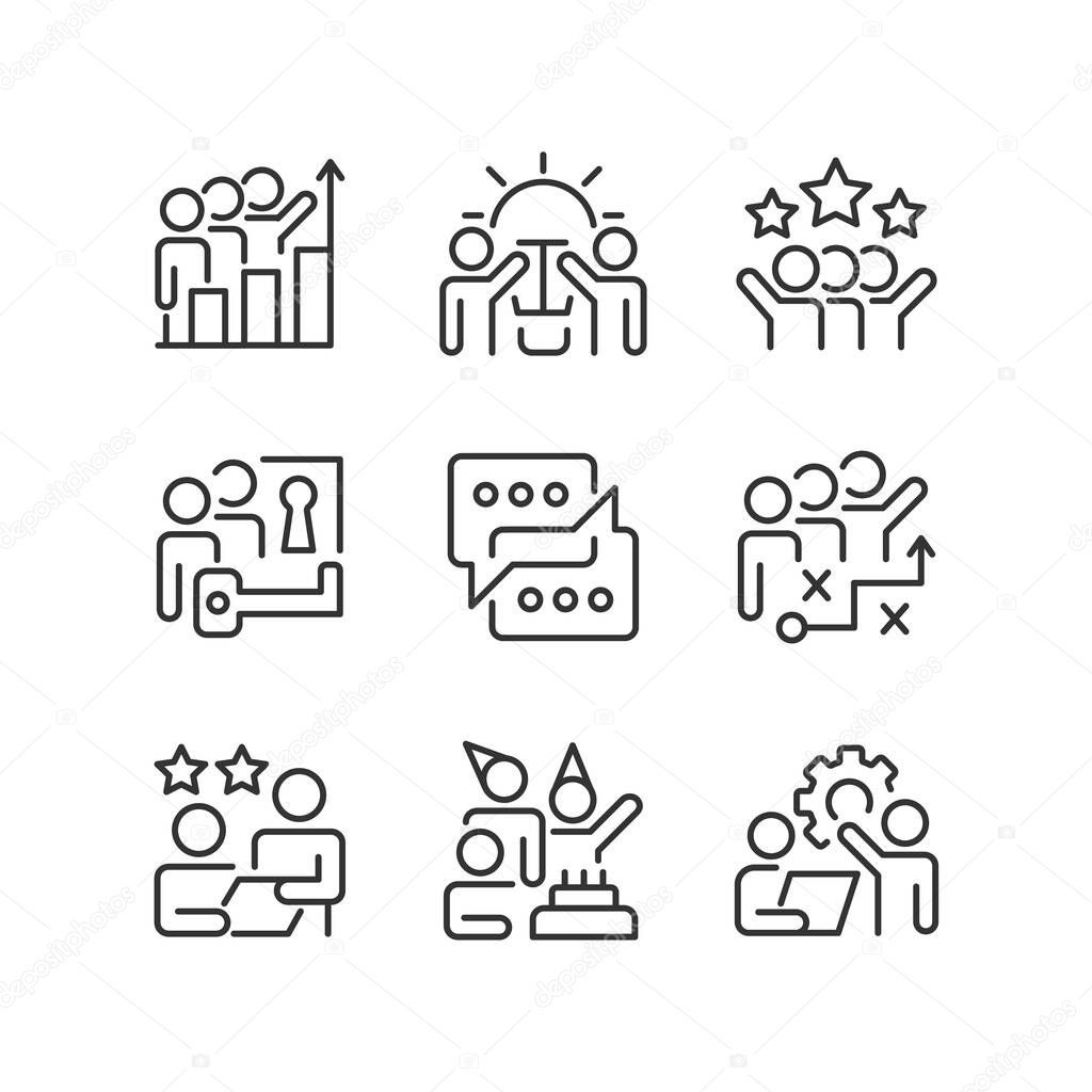 Team activity pixel perfect linear icons set. Cooperation and teamwork to work on business project. Customizable thin line symbols. Isolated vector outline illustrations. Editable stroke
