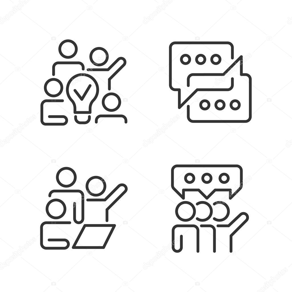 Group tasks pixel perfect linear icons set. Sharing opinions. Communication for collaborative process. Customizable thin line symbols. Isolated vector outline illustrations. Editable stroke